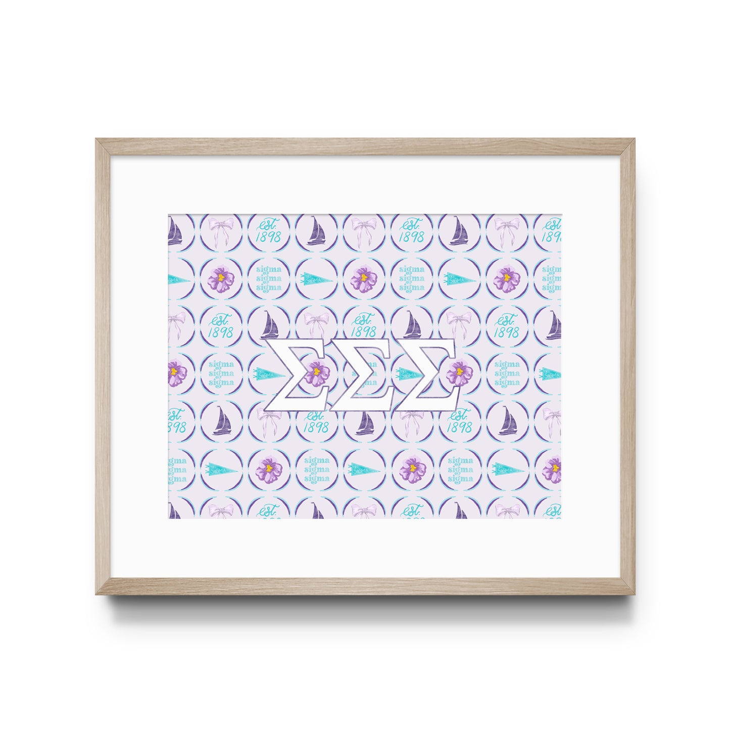 Framed art print with a pattern of symbols and Tri Sigma Greek letters on a white background