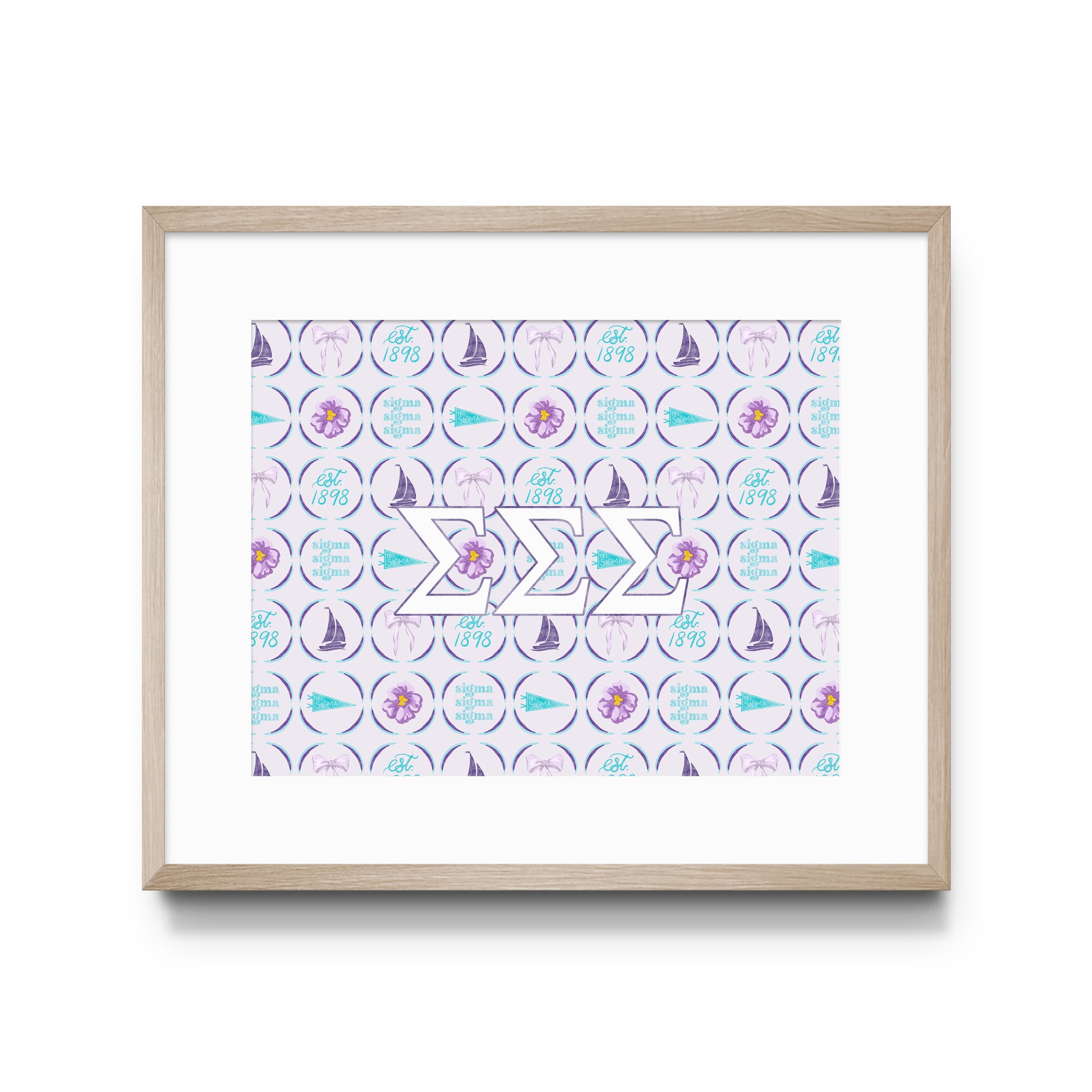 Framed art print with a pattern of symbols and Tri Sigma Greek letters on a white background