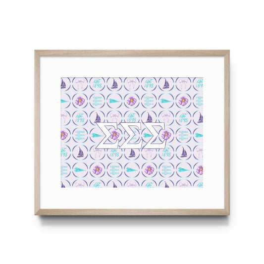 Framed art print with a pattern of symbols and Tri Sigma Greek letters on a white background