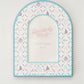 Arched photo frame with Sigma Sigma Sigma Greek letters and watercolor pattern on a white background.