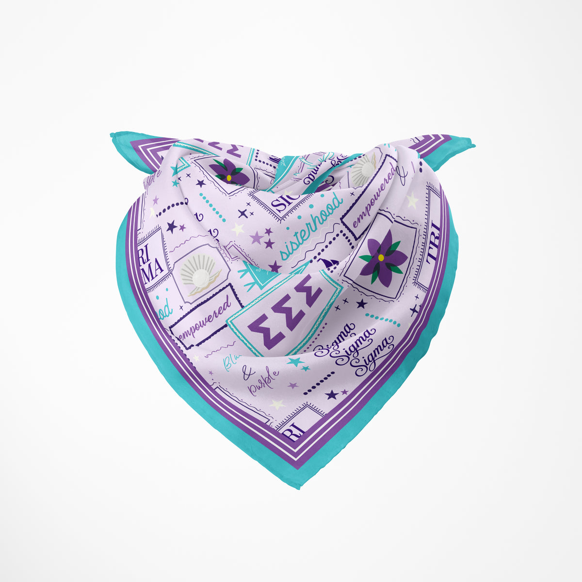 A square scarf with a heart-shaped fold, featuring a light purple and white collage pattern with Tri Sigma Greek letters, stars, and floral motifs, finished with a bright turquoise border on a white background.