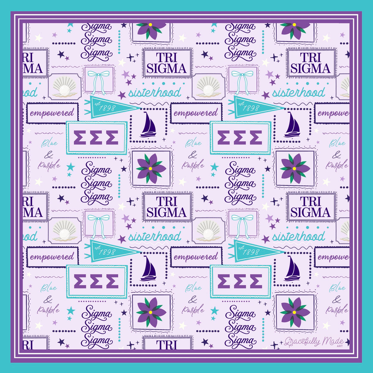 A light purple silk scarf with a teal border and design featuring Tri Sigma Greek letters, 'Sisterhood', 'Empowered', stars, and flowers.
