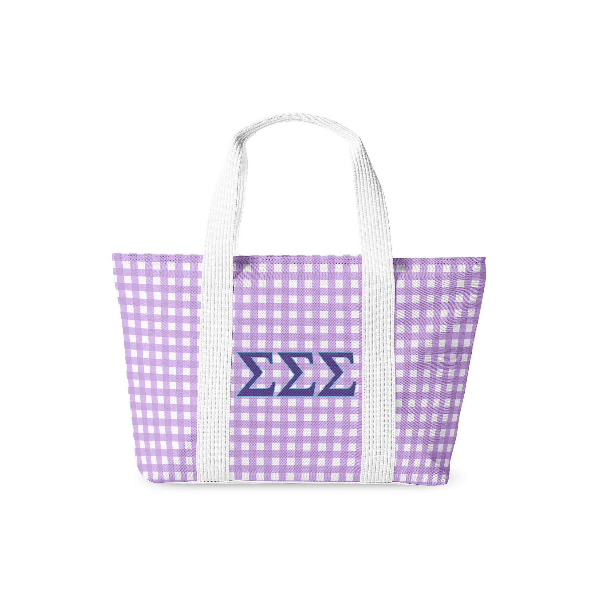 Tote bag with purple gingham pattern and Sigma Sigma Sigma Greek letters on a white background
