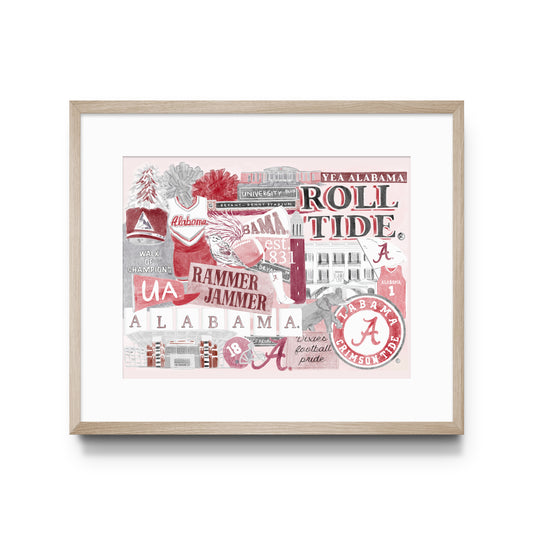 Watercolor collage of University of Alabama symbols.