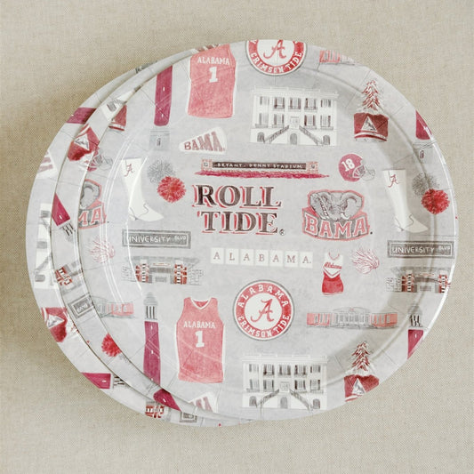 Light grey paper plate with watercolor University of Alabama symbols.