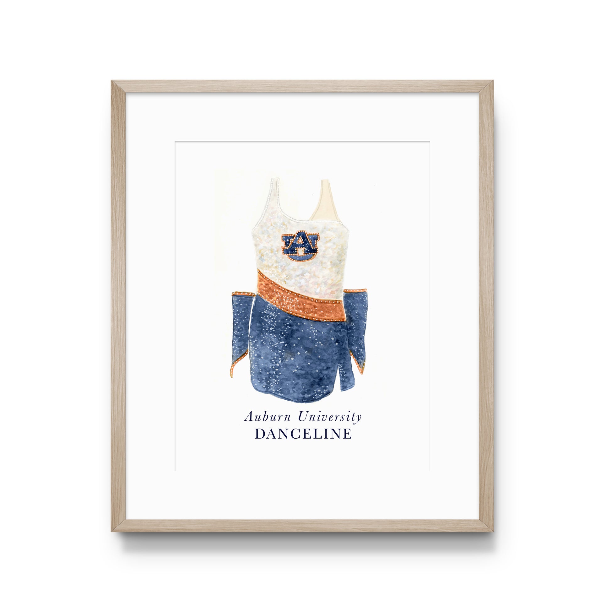 Watercolor art of the Auburn University Tiger Eyes Dance Uniform.