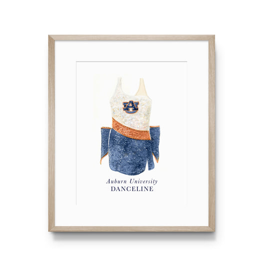 Watercolor art of the Auburn University Tiger Eyes Dance Uniform.
