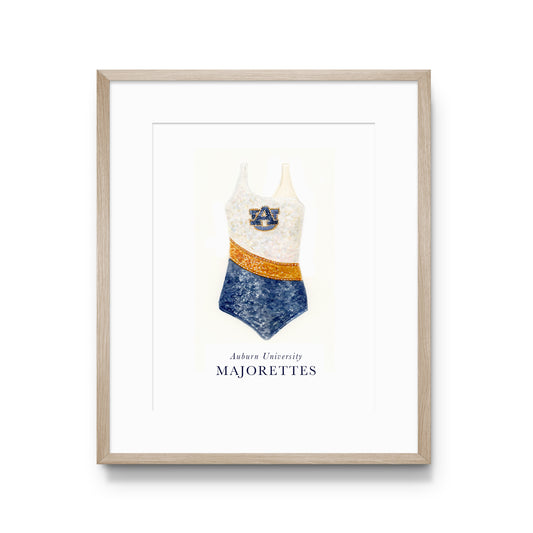 Watercolor art of the Auburn University Tiger Eyes Majorette Uniform.