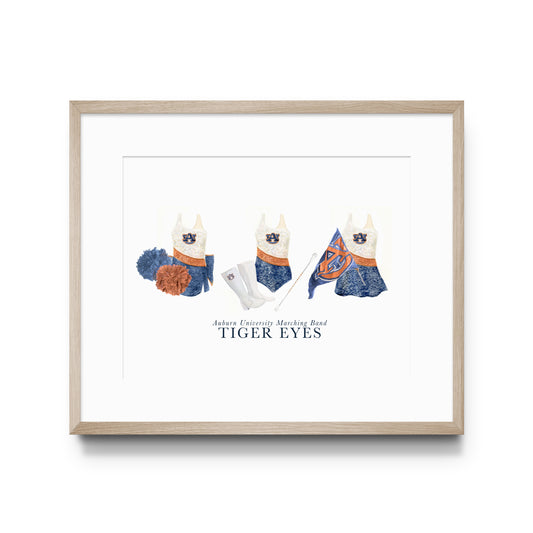Watercolor art of Auburn University's 3 Tiger Eyes group's uniforms.