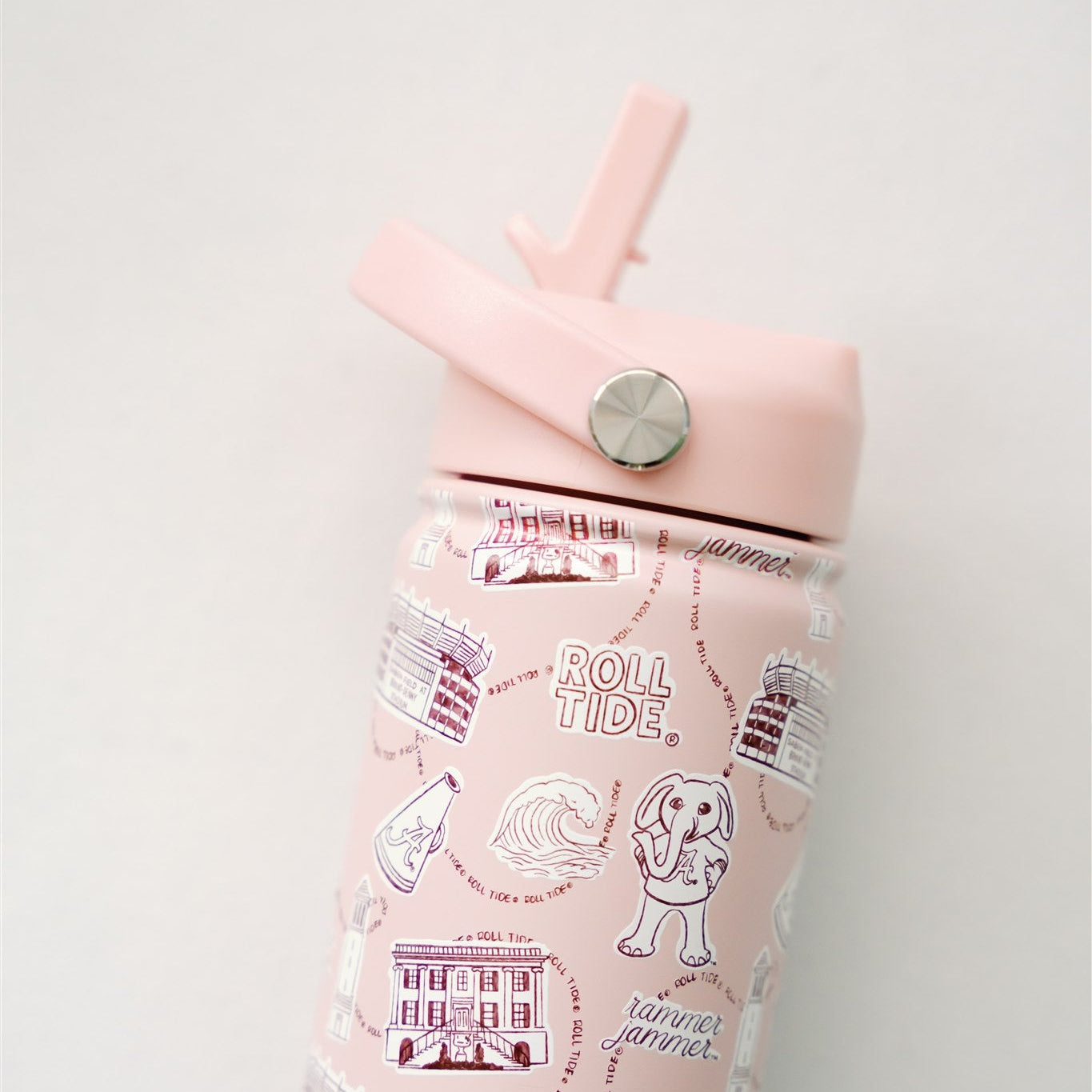Light red water bottle with 'Roll Tide' design on a white background