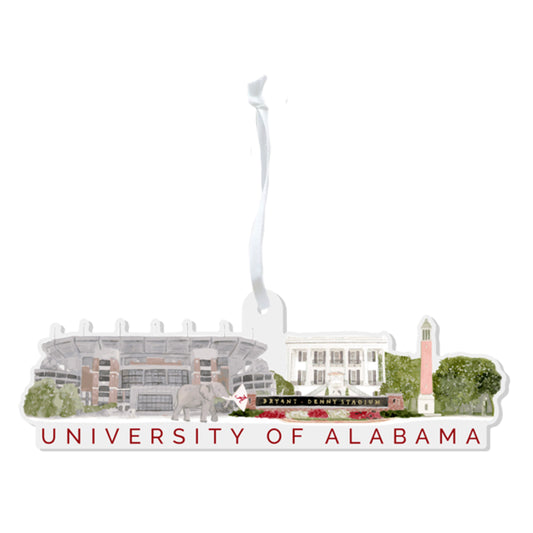 Acrylic ornament with Alabama landmarks and a white ribbon.