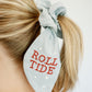Light grey scrunchie with beaded University of Alabama symbols on the ribbons.