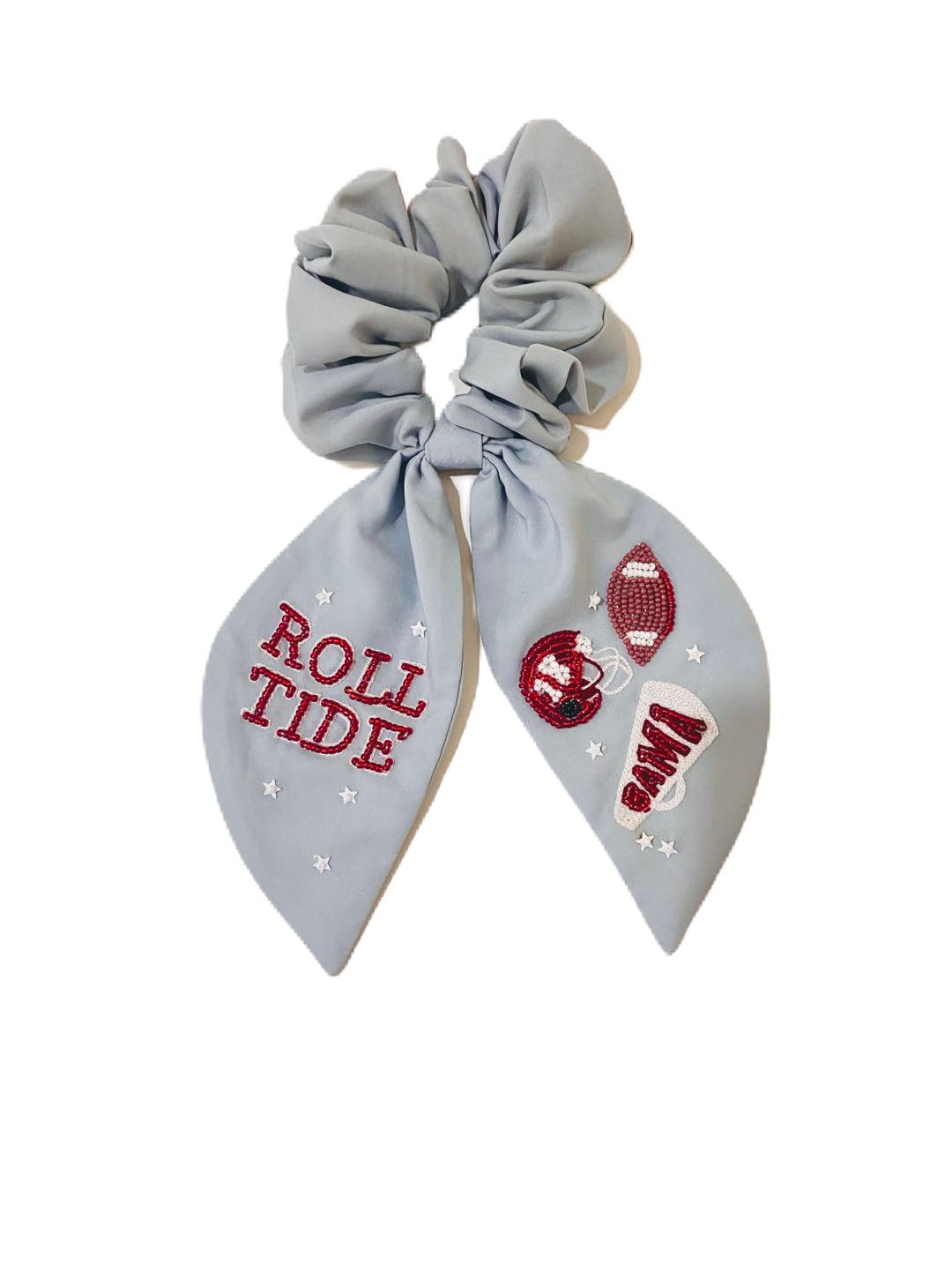 Light grey scrunchie with beaded University of Alabama symbols on the ribbons.