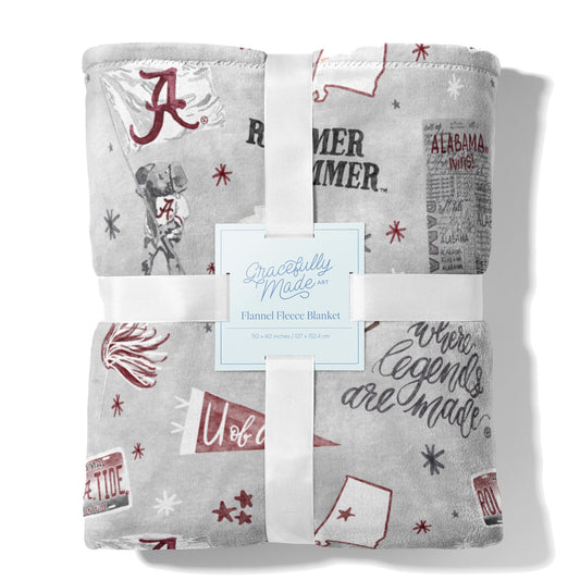 Light grey flannel fleece blanket themed to University of Alabama.