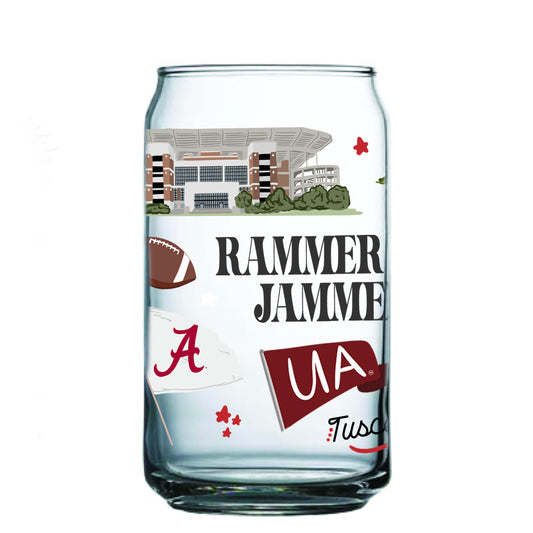 Clear glass with University of Alabama symbols on it.