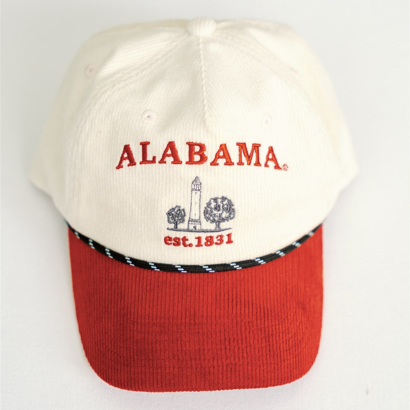 White cap with red brim and 'Alabama' text on a white background