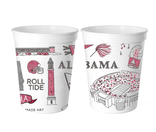 White plastic cups with University of Alabama symbols on them.