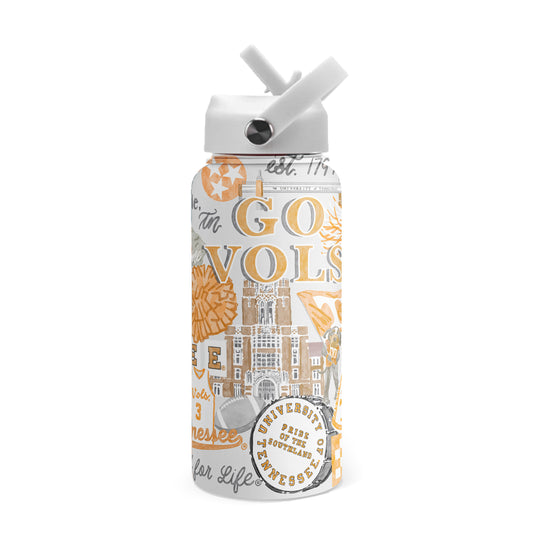 Water bottle with 'GO VOLS' text and Tennessee graphics on a white background
