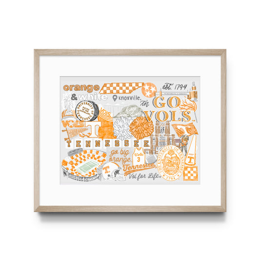Framed artwork with Tennessee Volunteers-themed graphics on a white background