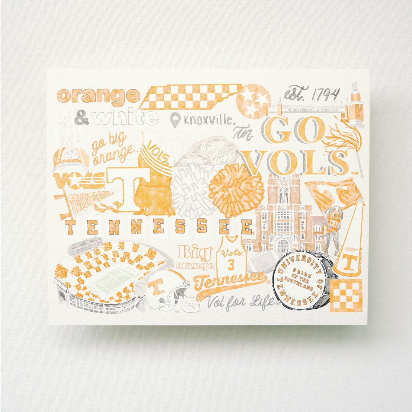 Decorative artwork with 'GO VOLS' and Tennessee-themed graphics on a white background