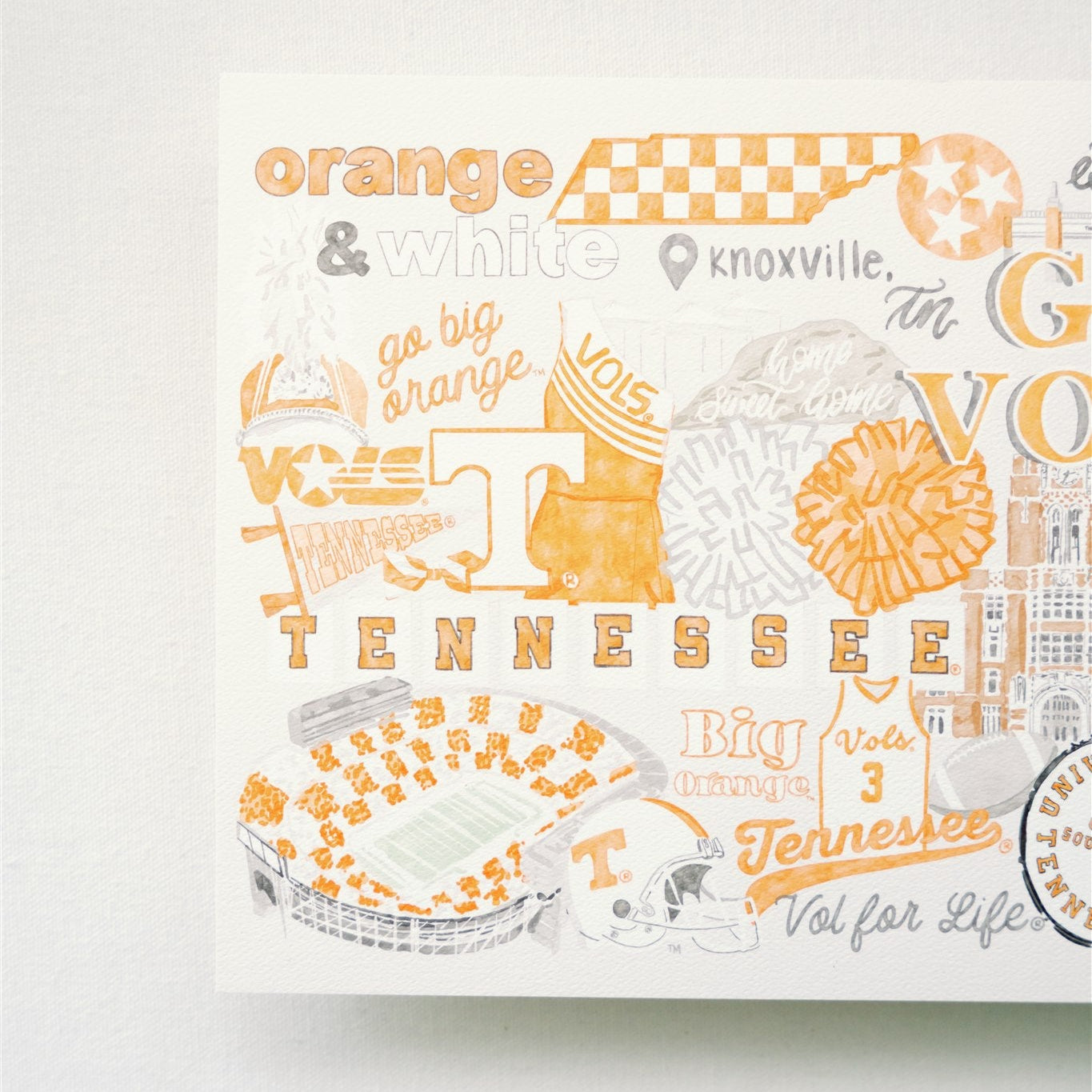 Decorative watercolor artwork with Tennessee-themed graphics and text on a white background