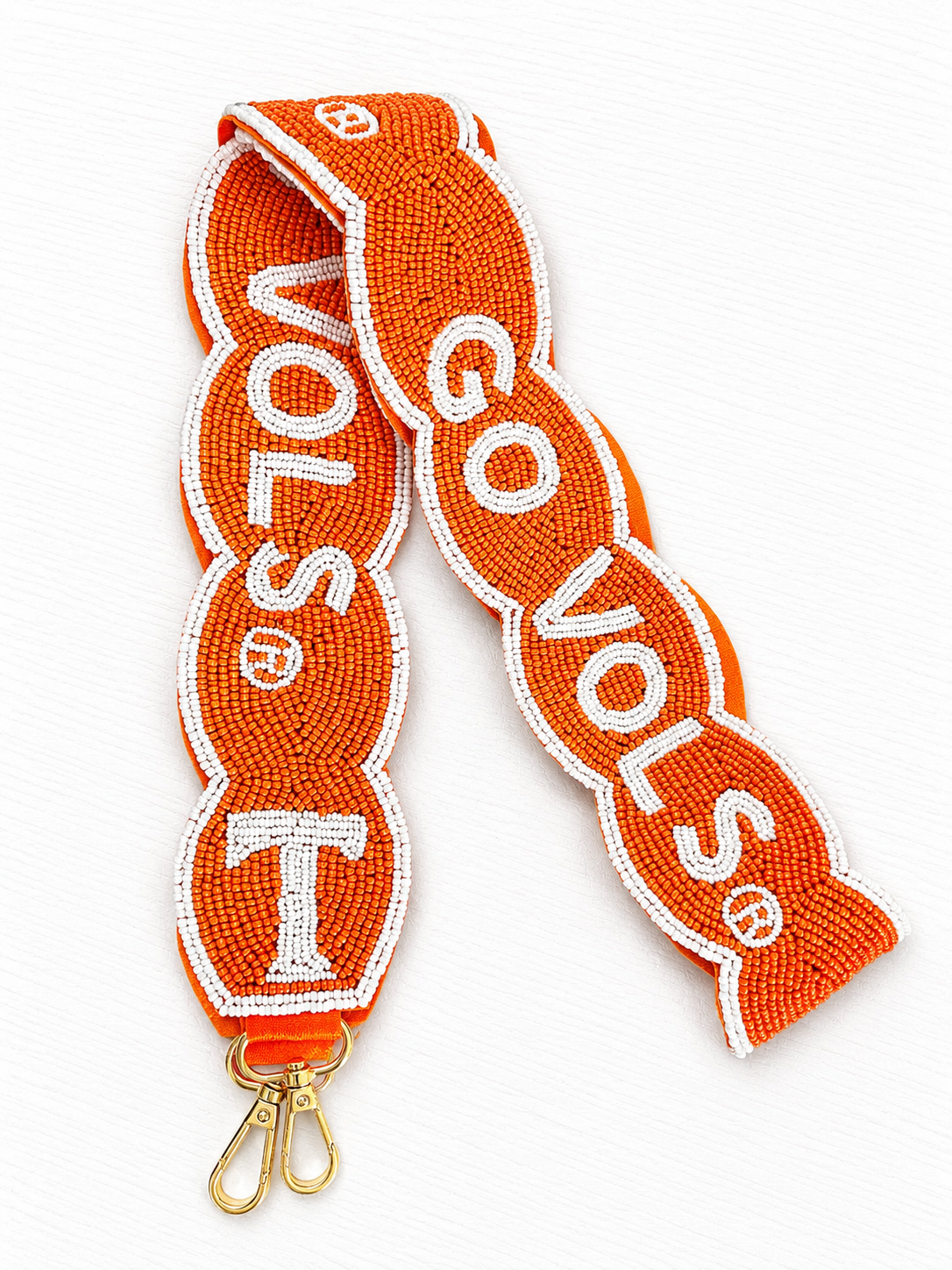 An orange beaded purse strap featuring white beaded text reading 'GO VOLS' and a gold metal lobster clasp at the bottom, shown on a white background.