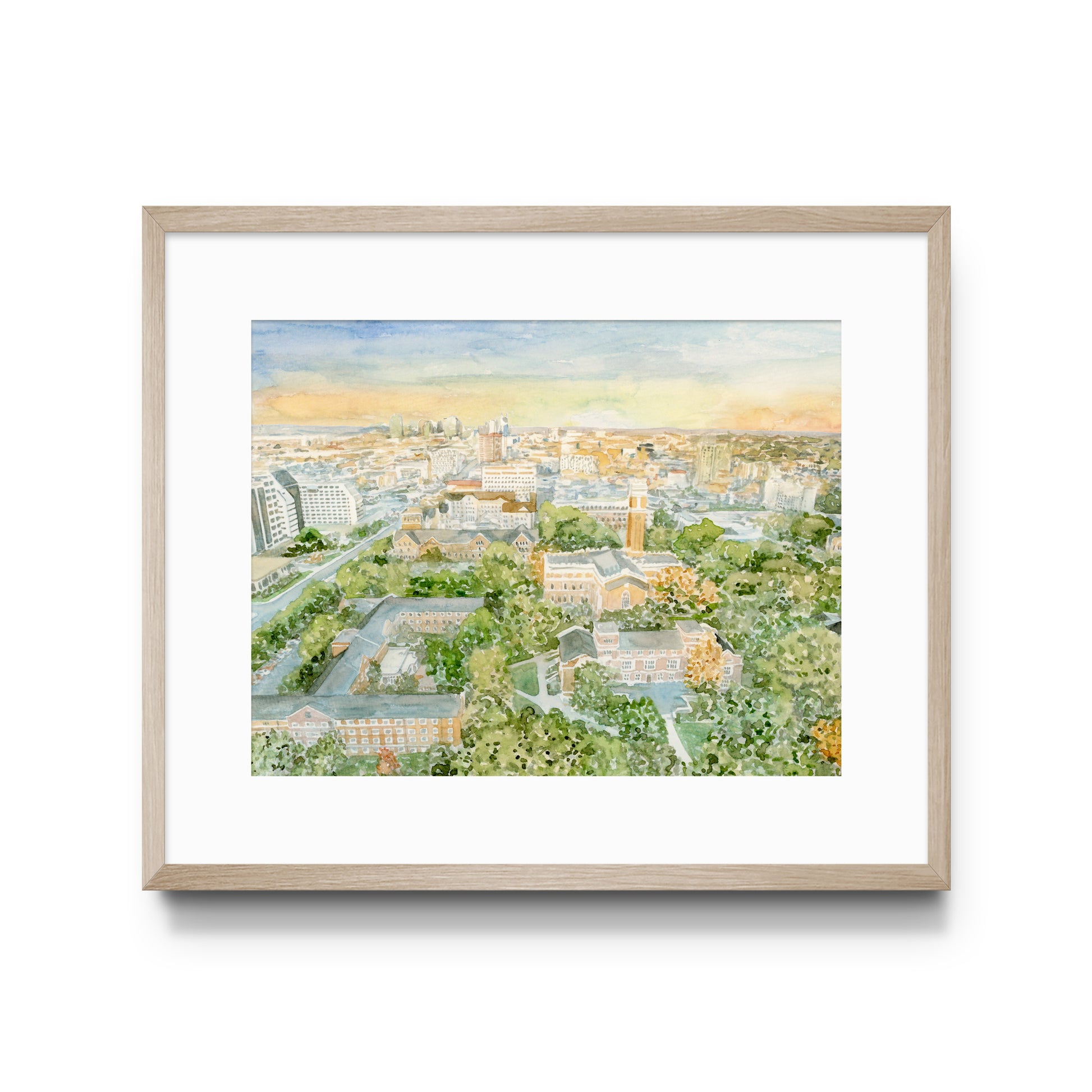 Watercolor art print of Vanderbilt campus from an aerial point of view.