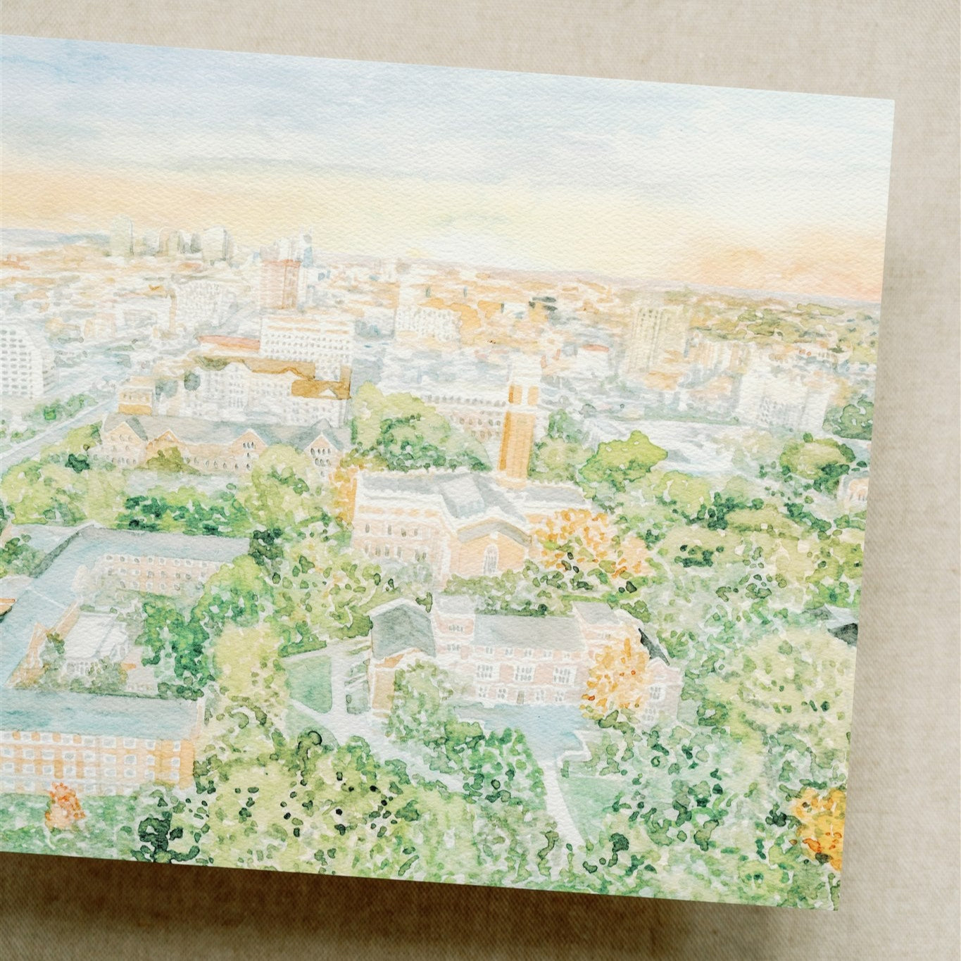Watercolor art print of Vanderbilt campus from an aerial point of view.
