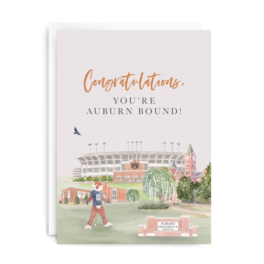 Greeting card with watercolor illustration of Auburn icons