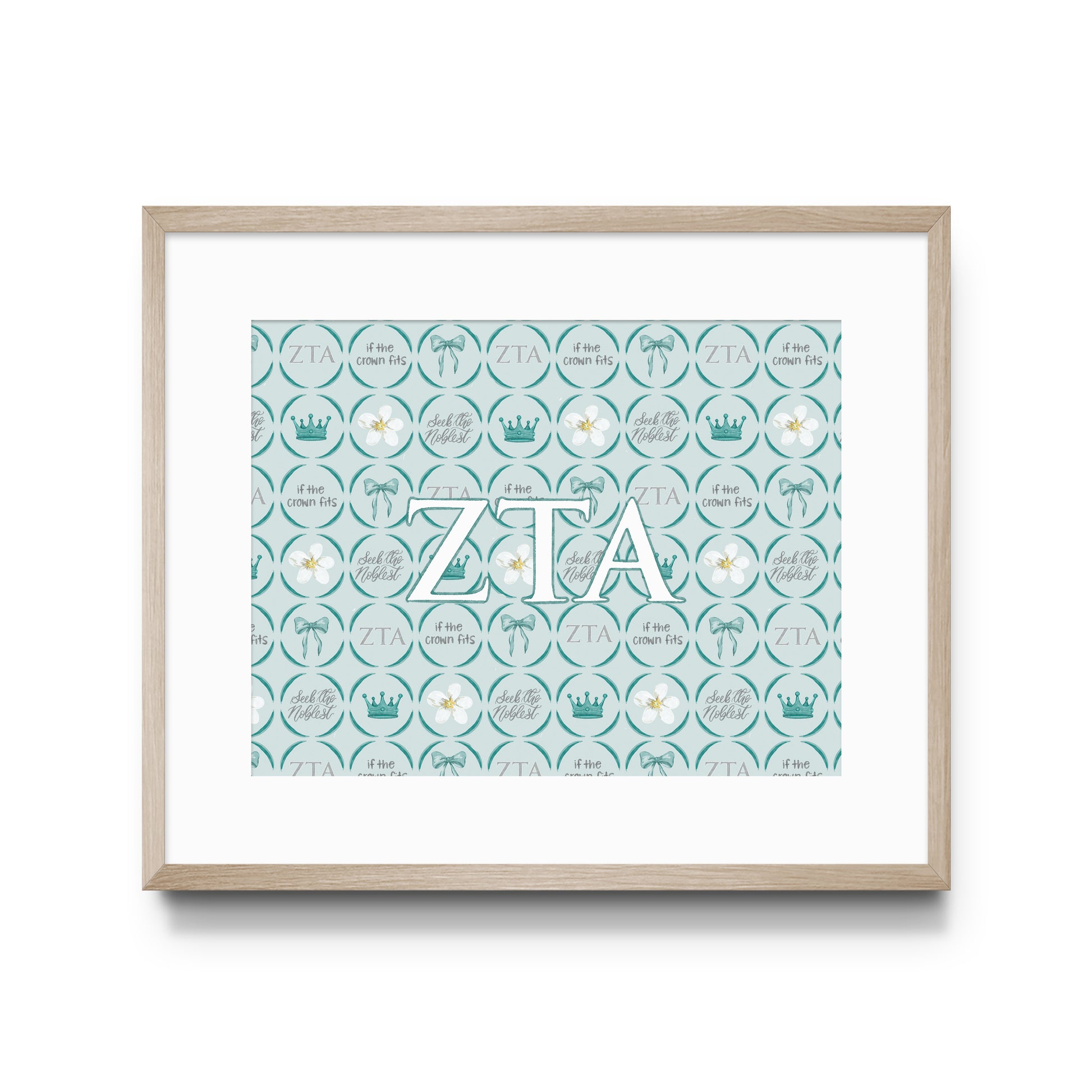 Framed poster with Zeta Tau Alpha Greek letters and pattern design on a white background