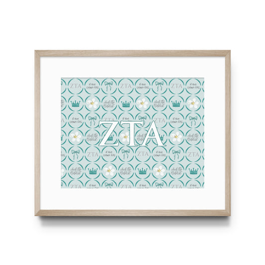 Framed poster with Zeta Tau Alpha Greek letters and pattern design on a white background