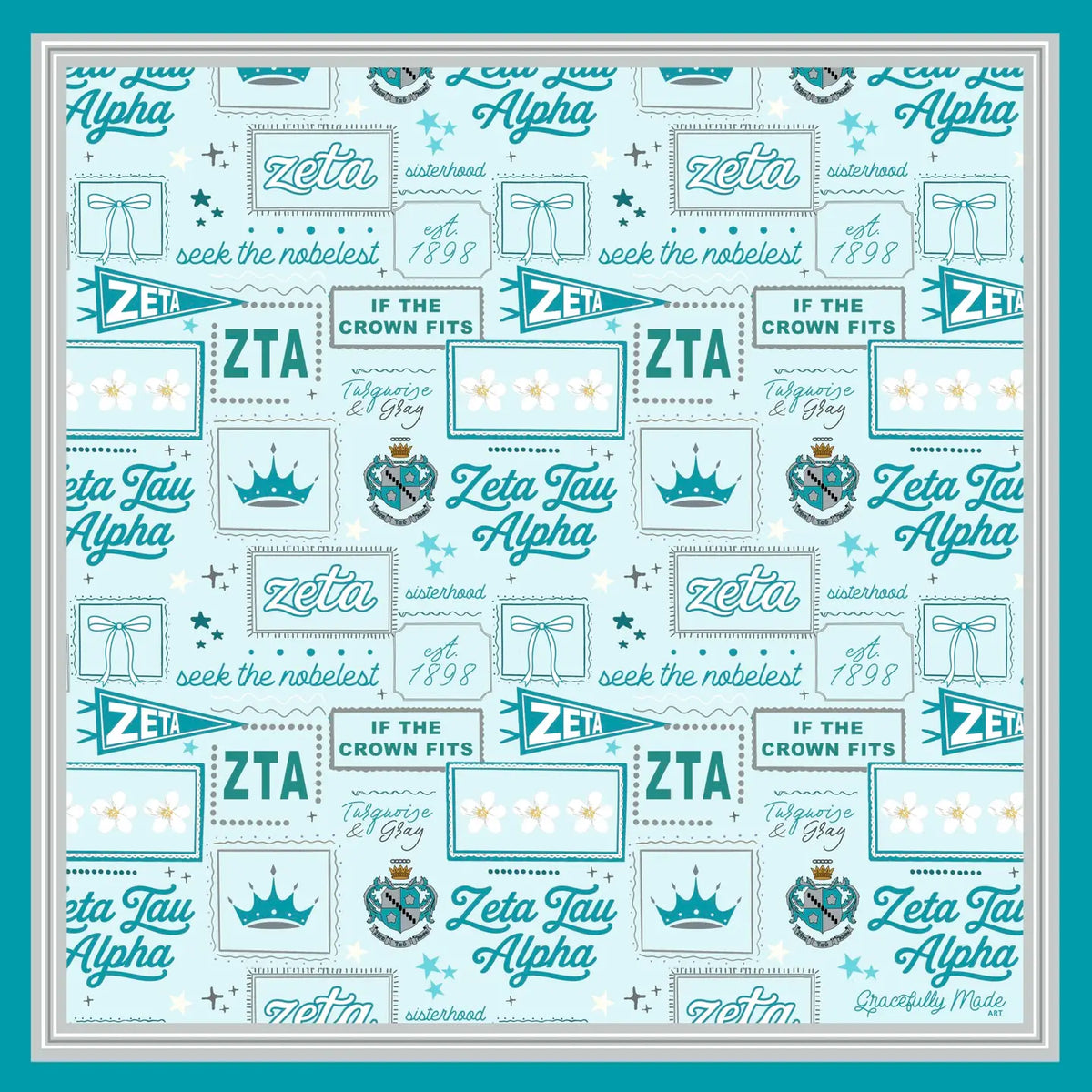 A close up of a Zeta Tau Alpha silk scarf featuring teal and light blue text, crowns, stars, banners, and decorative frames on a pale blue background.