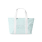 Tote bag with 'ZTA' Greek letters on a light blue and white checkered pattern