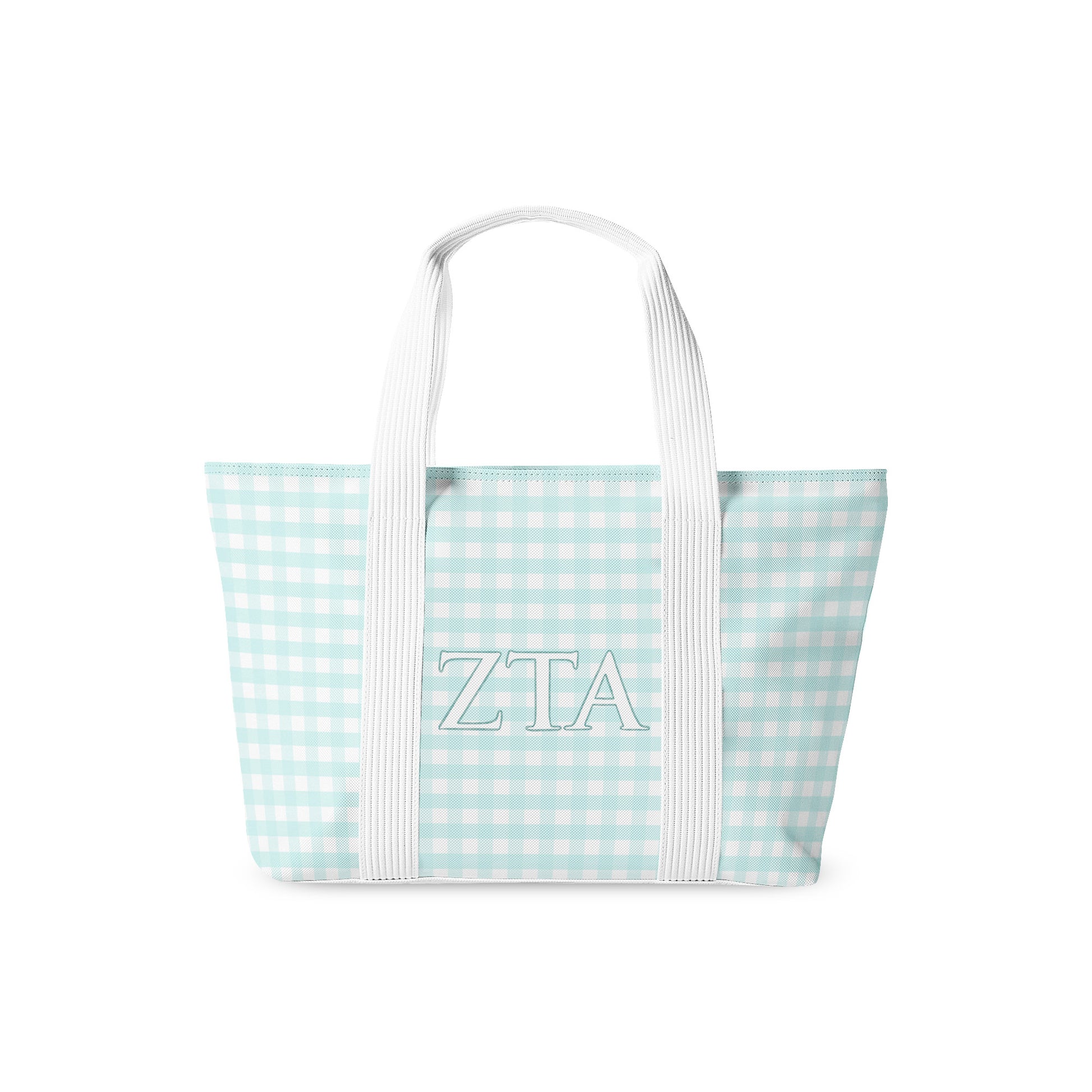 Tote bag with 'ZTA' Greek letters on a light blue and white checkered pattern